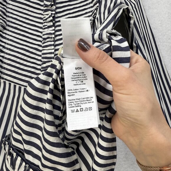 J Crew Shirt Womens Small Navy White Stripe Ruffle Trim Band Collar Long Sleeve - Picture 6 of 9
